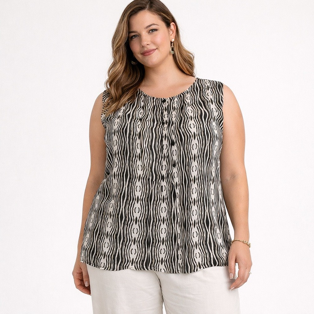 Worthington‎ Petite Sleeveless Blouse Black White Abstract Wave Ikat Top PXL